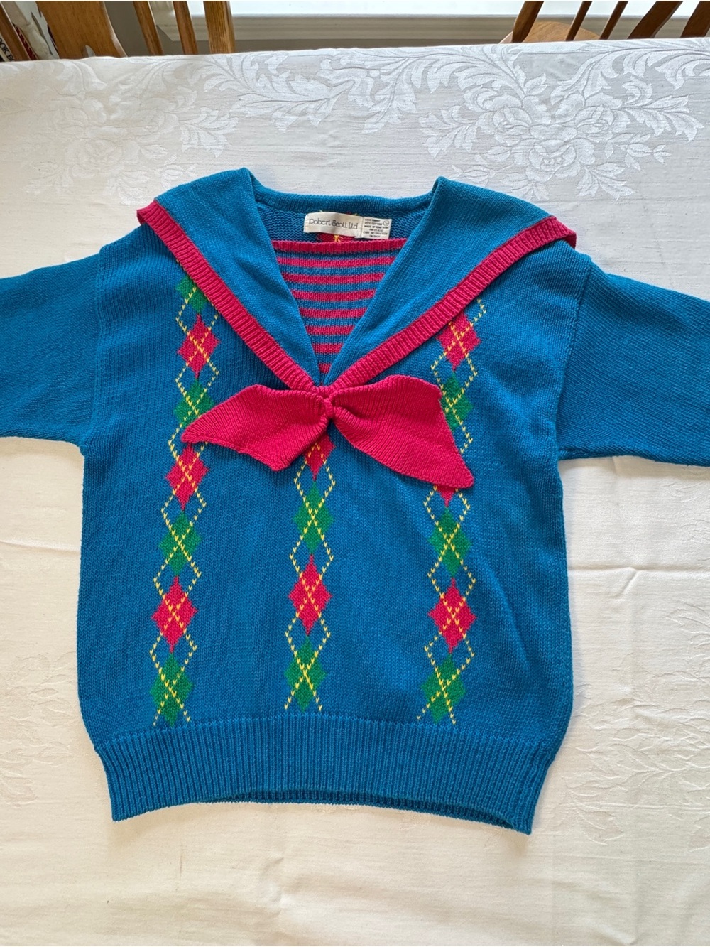 Vintage 80s Robert Scott Argyle Sweater Womens S Preppy Bow Accent Sailor Collar